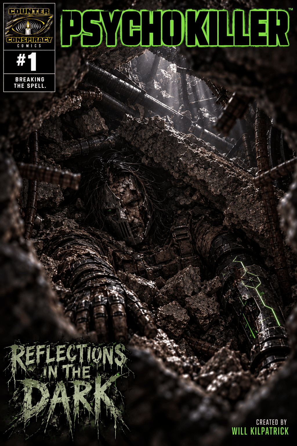 Psycho Killer #1 – Reflections in the Dark Cover Psycho Killer #1 Reflections in the Dark cover showing Psycho Killer buried beneath the rubble of a collapsed bunker