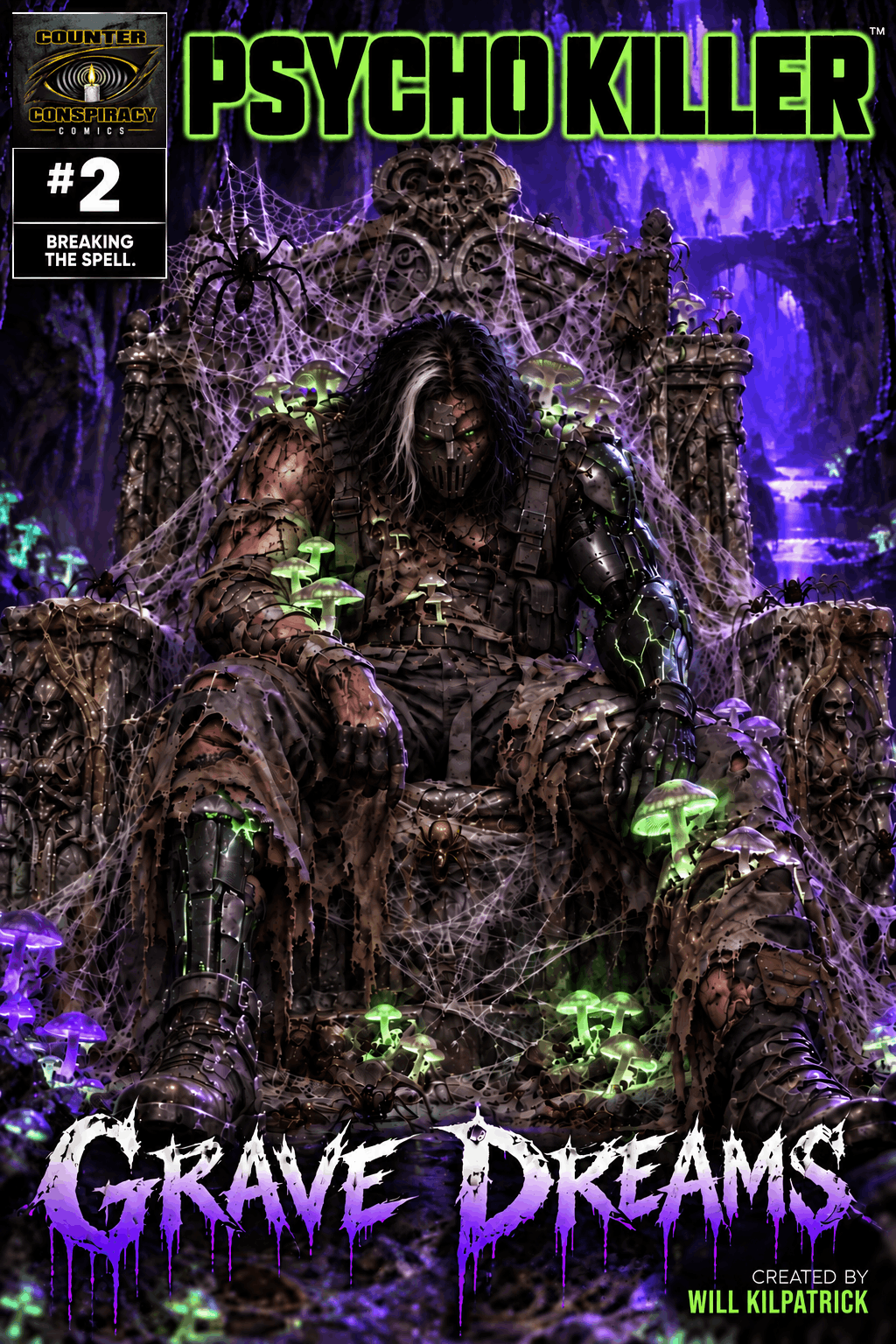 Psycho Killer slumped on a gothic stone throne surrounded by glowing mushrooms and spider webs in Grave Dreams