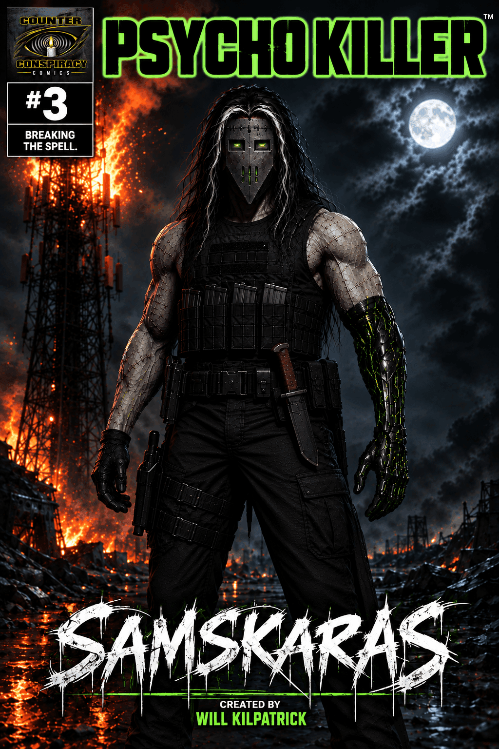 Psycho Killer #3 – Samskaras Cover Psycho Killer #3 Samskaras cover showing Psycho Killer standing before a burning communications tower under a full moon