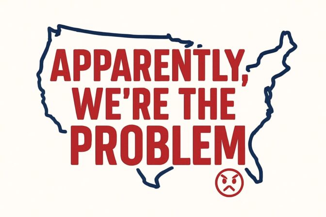 Stylized U.S. map in navy blue with bold red title ‘Apparently, We Are the Problem’ — promotional graphic for Liberty Electro’s original series.