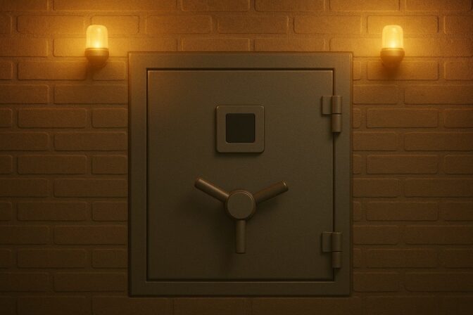Built-in gun safe with digital keypad lit by emergency lights