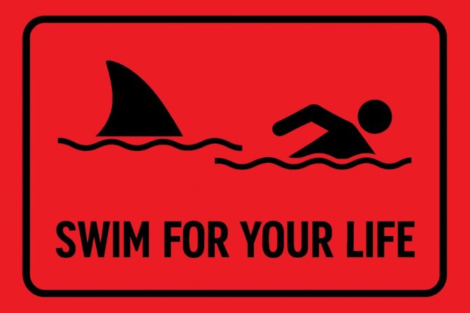 SWIM FOR YOUR LIFE – SaltLanes Swim Gym Logo Minimal black swimmer chased by a shark fin on a red background with the words SWIM FOR YOUR LIFE.