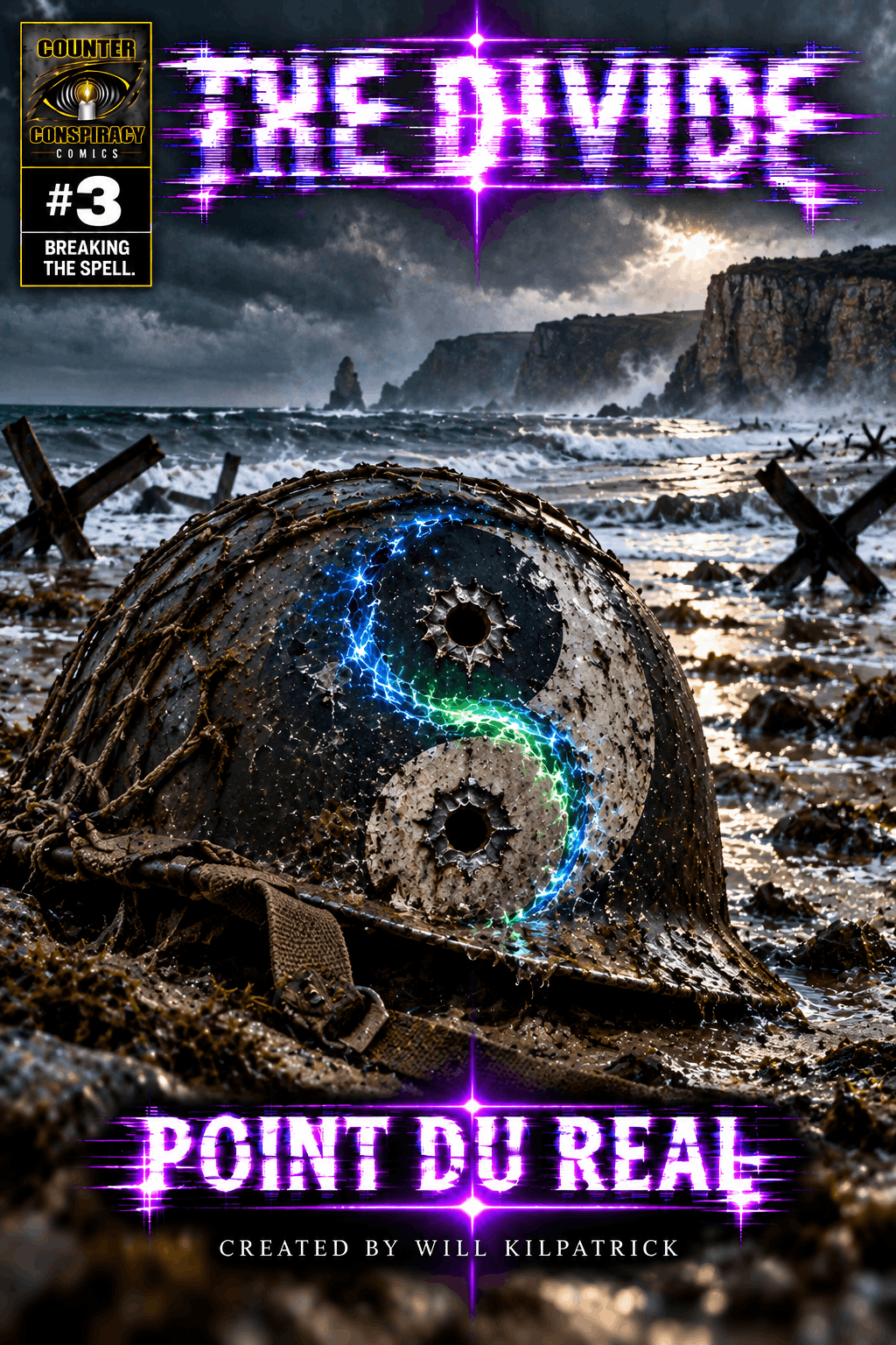 The Divide #3 cover featuring a battered WWII helmet with an electrified Yin-Yang symbol and bullet holes on a Normandy beach.
