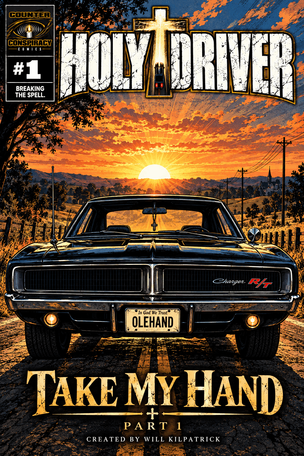 Ole’ Hand, Freddie Goodfaith’s black 1969 Dodge Charger, parked on a rural road at sunrise in Holy Driver #1.