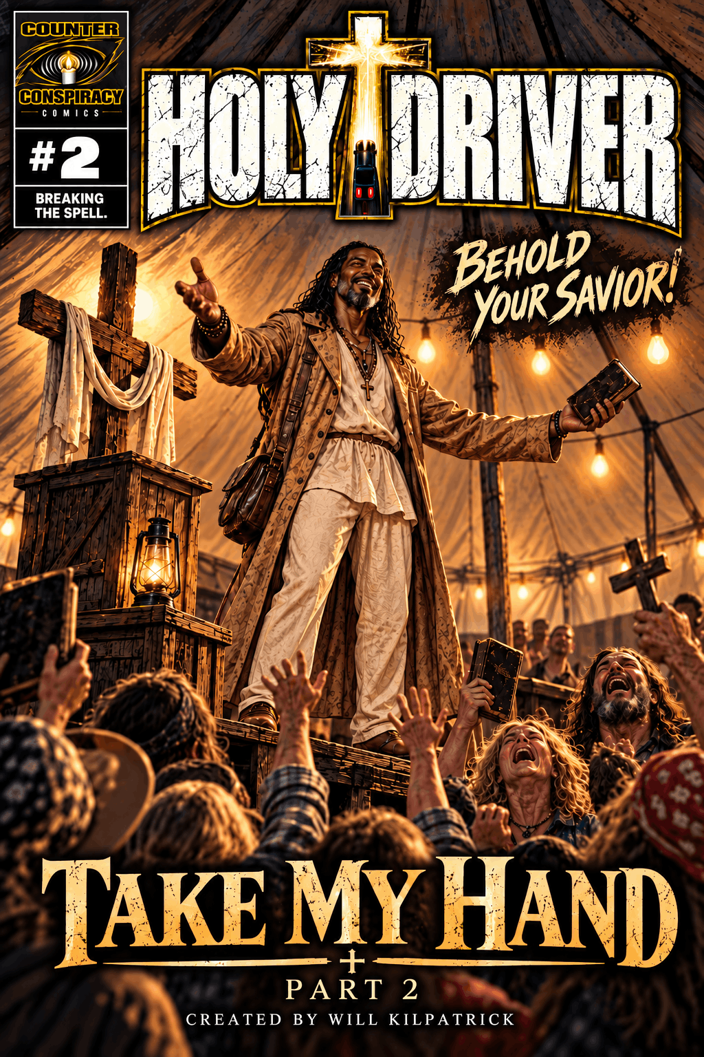 Holy Driver #2 comic cover featuring Samson Goodfaith smiling over a crazed congregation inside a revival tent.