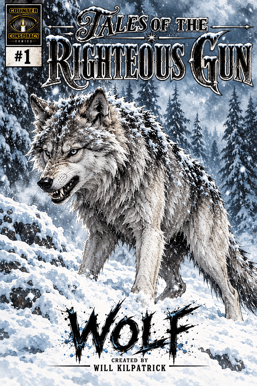 Cover of Tales of the Righteous Gun #1, Wolf, featuring a snarling timber wolf standing in deep snow during a winter storm.