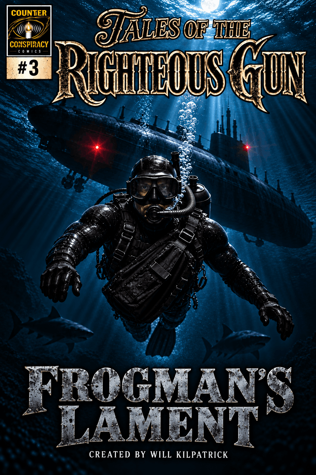Tales of the Righteous Gun #3 – Frogman’s Lament – Cover Cover of Tales of the Righteous Gun #3, Frogman’s Lament, featuring Frogman swimming underwater with a submarine and sharks behind him.